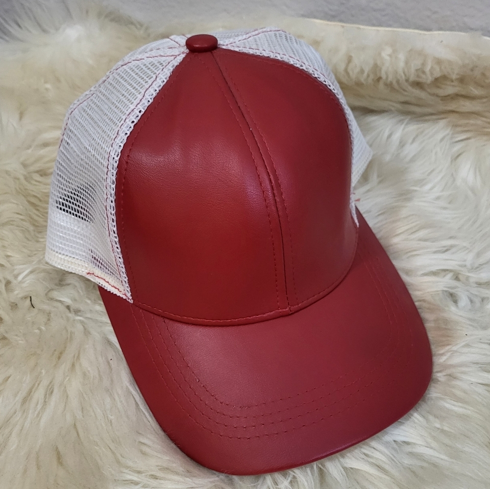 Winner Vintage Faux Leather Red Mesh Snapback Hat